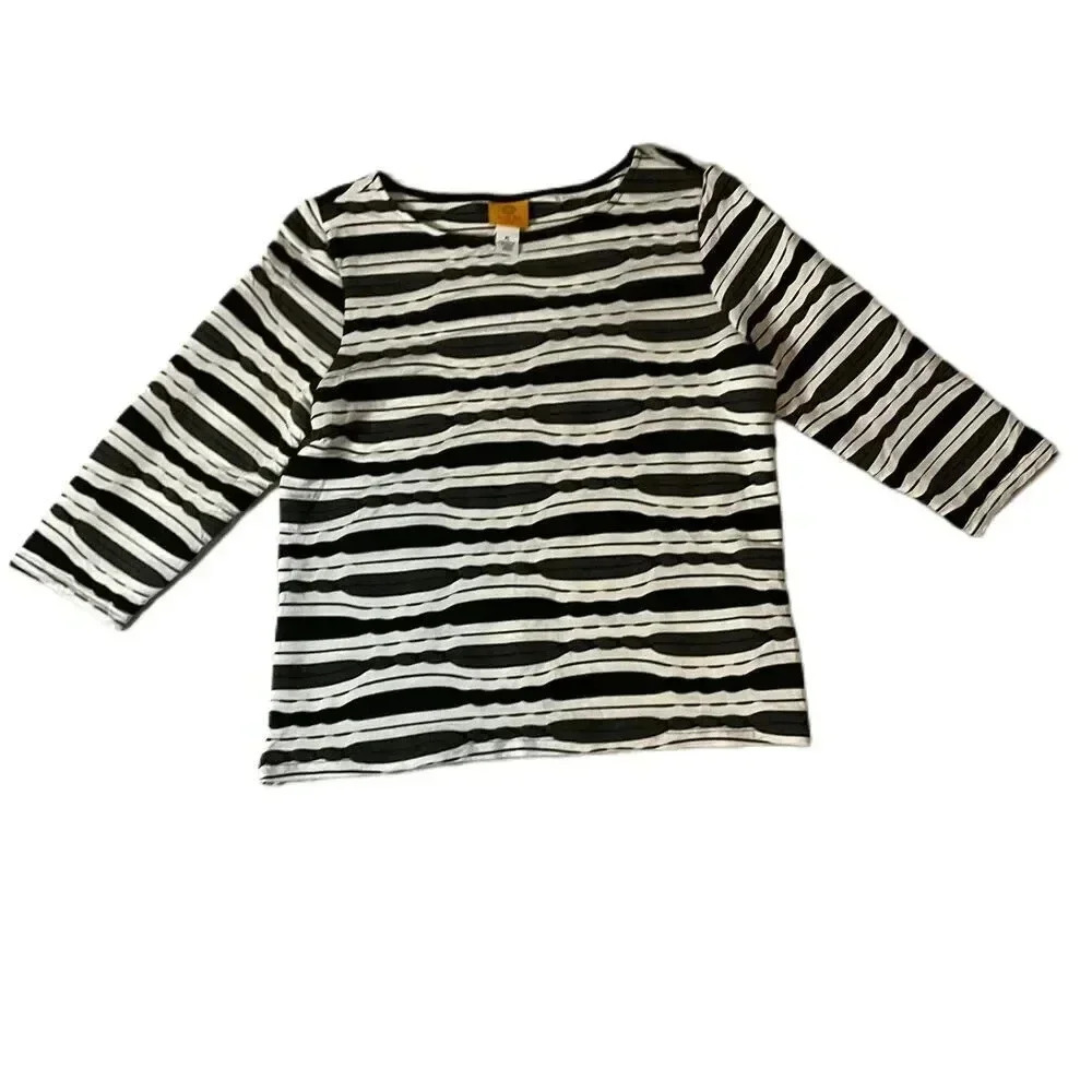 Ruby Rd Womens White Grey Black Striped Round Neck 34 Sleeve Blouse Petite Large